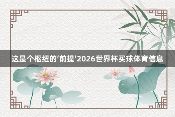 这是个枢纽的‘前提’2026世界杯买球体育信息