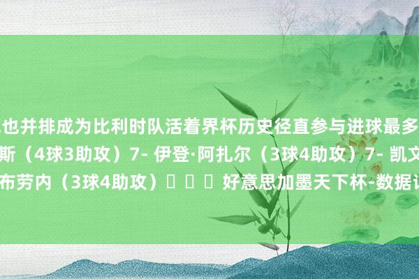 他也并排成为比利时队活着界杯历史径直参与进球最多的球员：7- 扬·塞勒曼斯（4球3助攻）7- 伊登·阿扎尔（3球4助攻）7- 凯文·德布劳内（3球4助攻）			好意思加墨天下杯-数据记载    2026世界杯买球体育信息